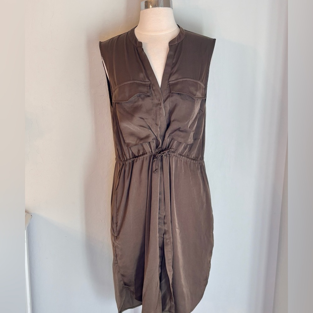 H&M Sleeveless Flap Pocket Button Front Tunic Dress Brown Satin, Tie Waist Sz 14